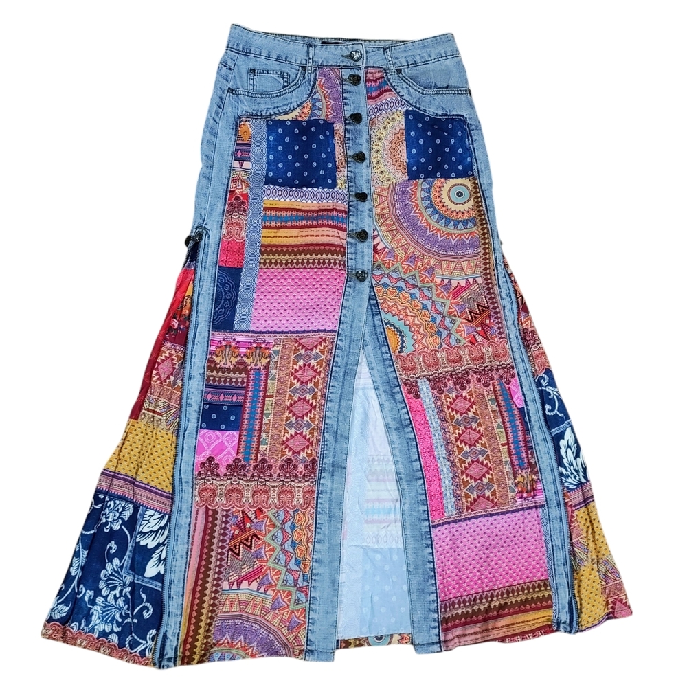 Desigual Wearable Art Multicolor Patchwork Denim Creative Artistic Maxi Skirt - Picture 3 of 16